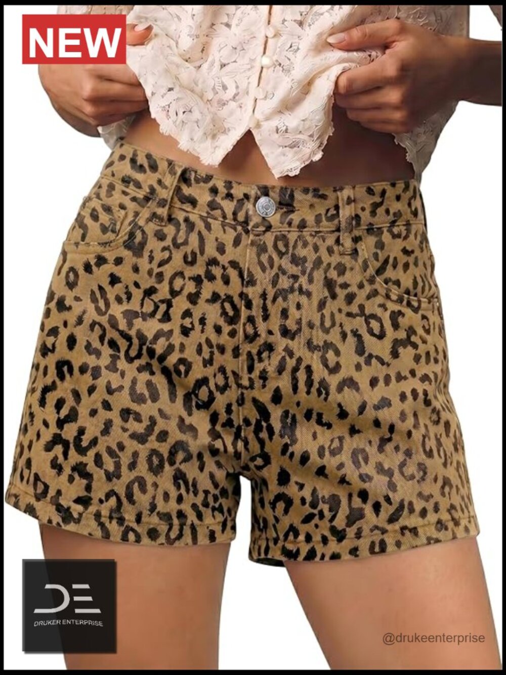 High Waisted Cheetah Print Stretchy Denim Shorts Casual Jorts
